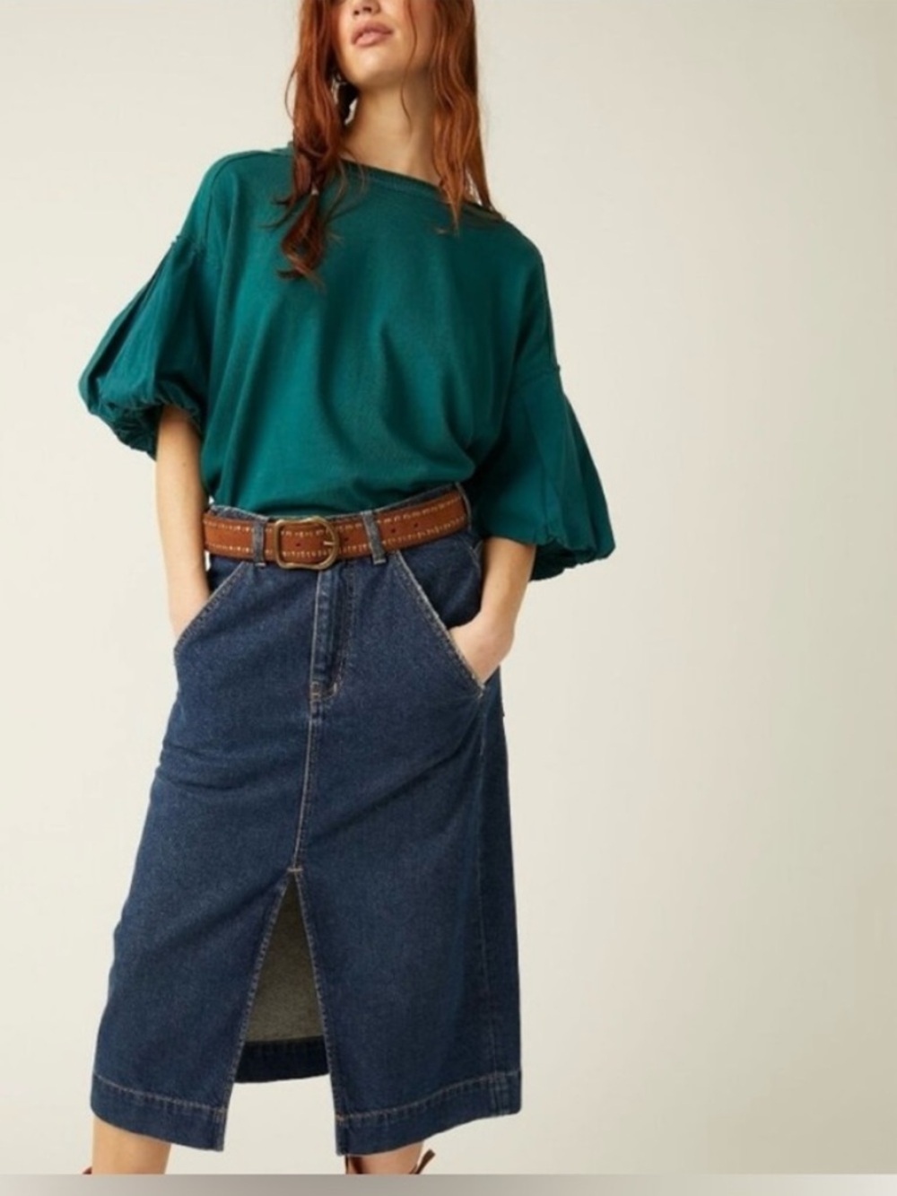 We The Free Emerald Green Puff Sleeve Top